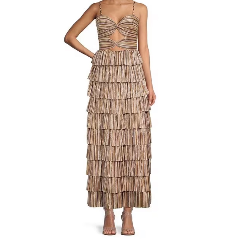 Gianni Bini Grace Metallic Plisse Sweetheart Neck Cut-Out Tiered Dress